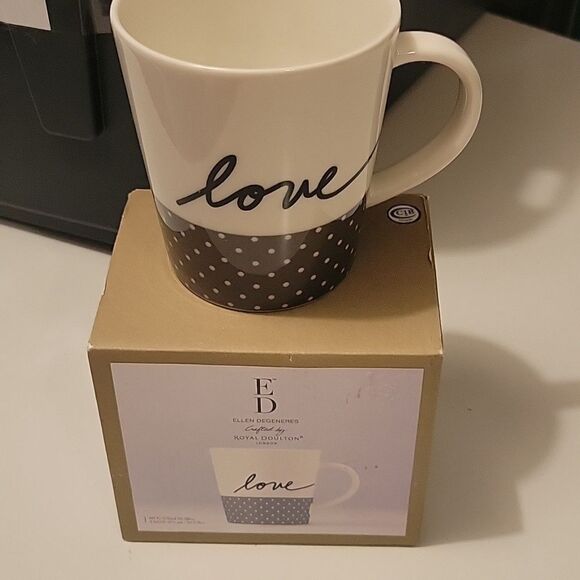NEW gray dot LOVE coffee tea mug ELLEN DEGENERES by Royal Daulton in box NWT NIB - Picture 3 of 5